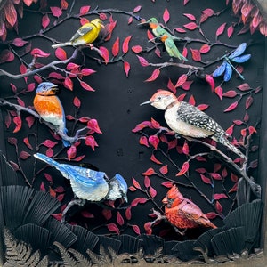 Birds of the Burning Bush Automata. Custom scene with oil painted and hand carved mechanical birds. Kinetic sculpture. image 1