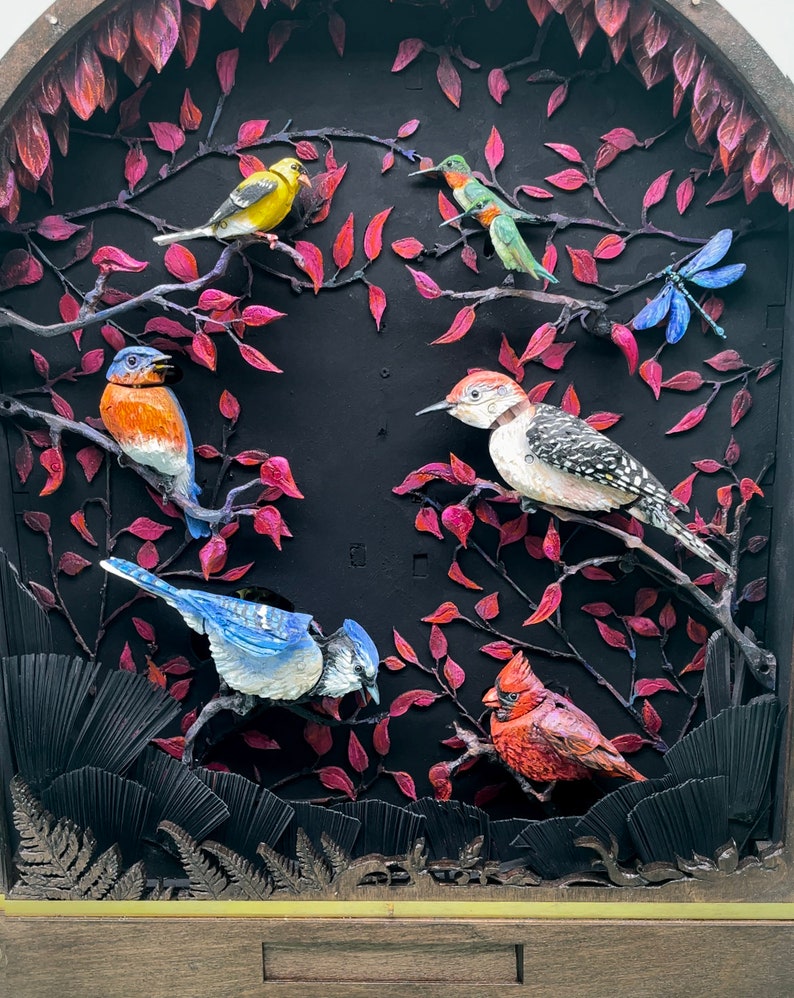 Birds of the Burning Bush Automata. Custom scene with oil painted and hand carved mechanical birds. Kinetic sculpture. image 1