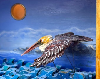 Pelican Automata. Oil painting and bird flying over the sea, kinetic sculpture made from wood. Custom option.