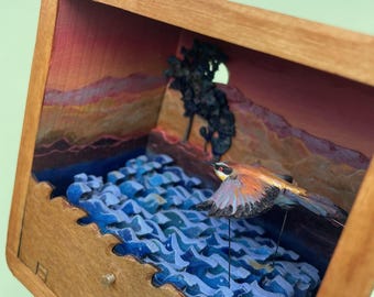 Bee Eater Automaton. Oil painting and bird flying over a river, kinetic sculpture made from wood. Custom option.
