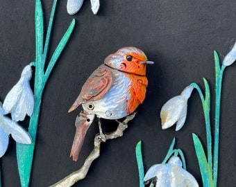 Miniature Robin Automaton. Oil painted mechanical bird, kinetic hand carved sculpture.