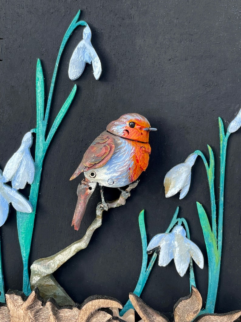 Miniature Robin Automaton. Oil painted mechanical bird, kinetic hand carved sculpture. image 1