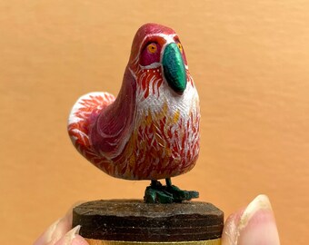 Hatty's Birds. Oil painted miniature bird mounted on wood and brass.