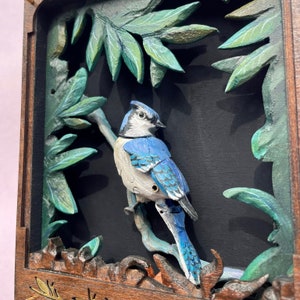 Miniature Blue Jay Automaton. Oil painted mechanical bird, kinetic hand carved sculpture.