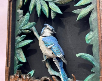 Miniature Blue Jay Automaton. Oil painted mechanical bird, kinetic hand carved sculpture.