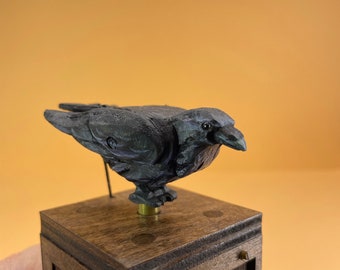 Bobbin Crow Automaton. Oil painted mechanical bird, kinetic hand carved sculpture.