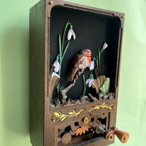 Miniature Robin Automaton. Oil painted mechanical bird, kinetic hand carved sculpture. image 3