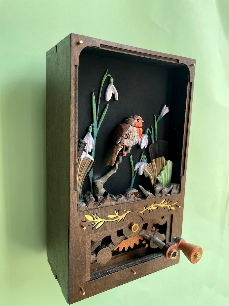 Miniature Robin Automaton. Oil painted mechanical bird, kinetic hand carved sculpture. image 3