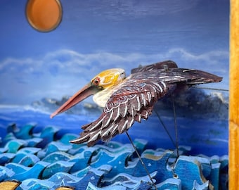 Pelican Automaton. Oil painting and bird flying over the sea, kinetic nature sculpture carved from wood. Custom option.