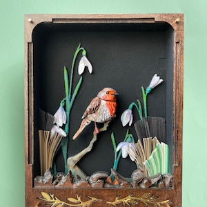 Miniature Robin Automaton. Oil painted mechanical bird, kinetic hand carved sculpture. image 2