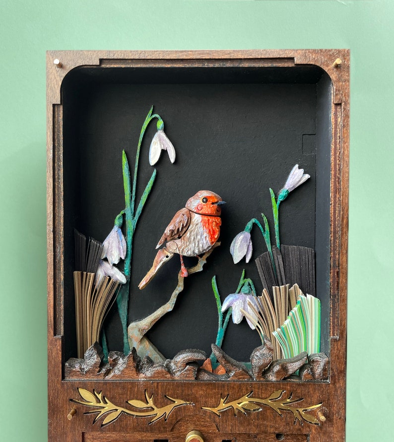 Miniature Robin Automaton. Oil painted mechanical bird, kinetic hand carved sculpture. image 2