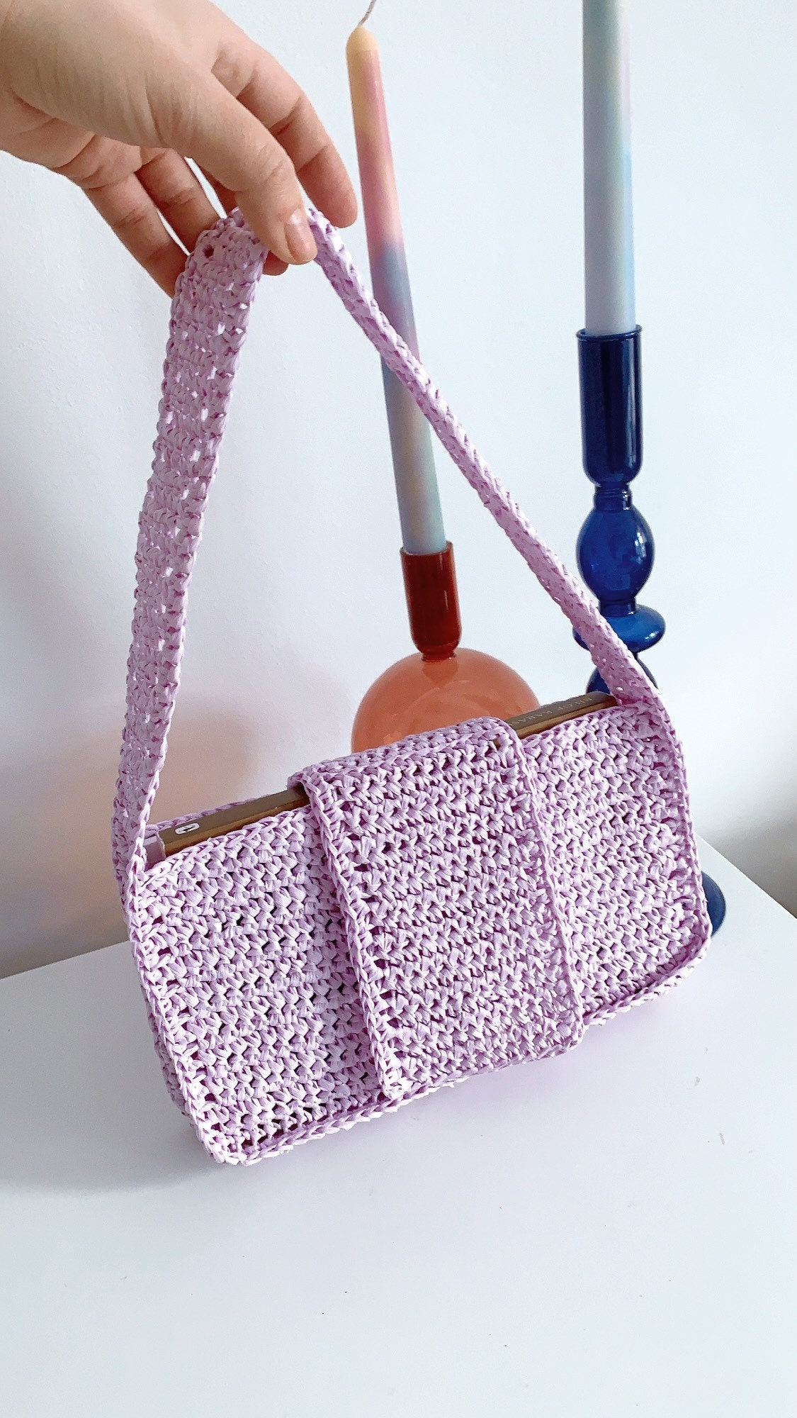 Smyrna Lilac Raffia Baguette Bag Crochet Straw Purse Handmade | Etsy