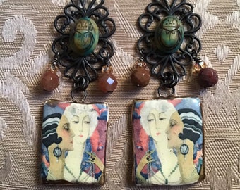 Art Nouveau Ladies and Scarabs, Artisan Ceramic