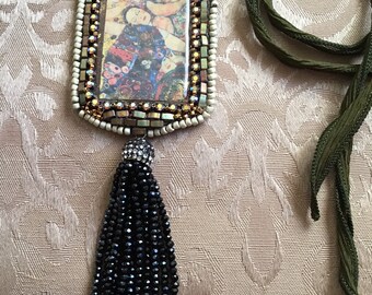 Klimt with Black Beaded Tassel Pendant