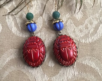 Red Scarabs, Gold Filled, Agates and Czech Glass