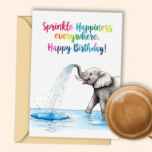 Cartão de aniversário de elefante alegre | Cartão de feliz aniversário para impressão com spray de água | Cartão de animal alegre para todos