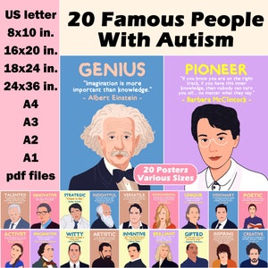 Carteles de personas famosas con autismo, Mes Nacional de Aceptación del Autismo, Día Mundial de la Concientización, Citas, TEA, Cartel para el aula y la oficina