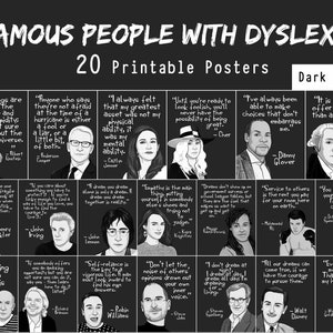 Berühmtheiten mit Dyslexie, 20 druckbare Zitat-Poster, Legasthenie-Bewusstseinsmonat, Welt-Dyslexie-Tag, Dekoration für das Grundschulzimmer (dunkler Stil)