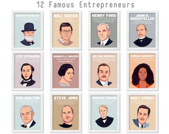 Berühmte Unternehmer,Biographien, Vektorkunst Porträt, 12 druckbare Poster, Schule, Grundklassenzimmer Dekoration, digitaler Download.