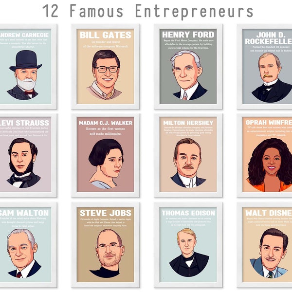 Famous Entrepreneurs,Biographies,Vector Art Portrait,12 Printable Posters, School,Elementary Classroom Decor,Digital Download.