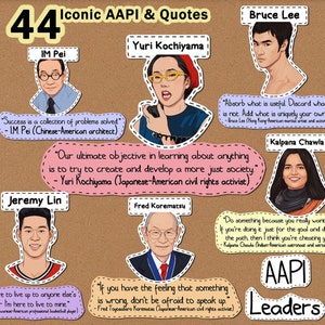 Kit bacheca AAPI Heritage Month: 44 citazioni stimolanti e cartoni animati vettoriali, leader asiatici americani e isolani del Pacifico, file PDF e JPG