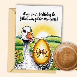 Tarjeta de cumpleaños de Golden Goose - Descarga digital / Alegre ganso con huevo dorado y lazo / Imprimible único para deseos mágicos de cumpleaños