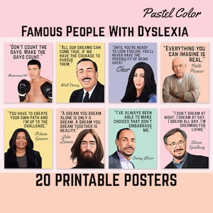 Famous People With Dyslexia, Printable Quote Posters, Dyslexia Awareness Month, World Dyslexia Day, Dyslexia Classroom Decor. Pastel Color
