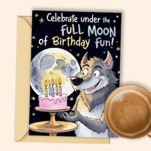 Tarjeta de cumpleaños de hombre lobo con luna llena y pastel: descarga digital para imprimir tú mismo: ¡diversión mística con aullidos de cumpleaños!