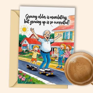 Cartão de aniversário para homens para impressão - Skate alegre com crianças para aniversários jovens e emocionantes