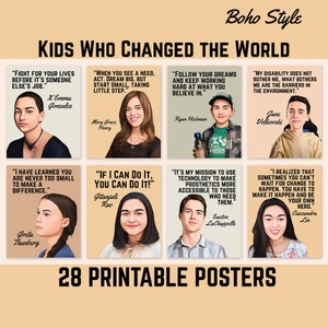 Citas de niños influyentes, niños que cambiaron el mundo, carteles imprimibles en el aula, líderes juveniles, exhibición de tablones de anuncios, estilo boho