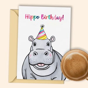 Tarjeta festiva de cumpleaños con hipopótamo / Tarjeta de feliz cumpleaños imprimible con sombrero de cumpleaños / Tarjeta alegre con hipopótamo