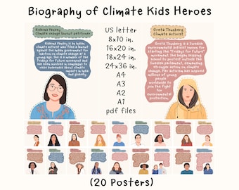 Biography of Climate Kids Heroes, Earth Month Classroom Posters Set for Children (Set of 20), Young Activists for a Sustainable Future