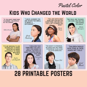 Citas de niños influyentes, niños que cambiaron el mundo, carteles imprimibles en el aula, líderes juveniles, exhibición de tablón de anuncios, color pastel