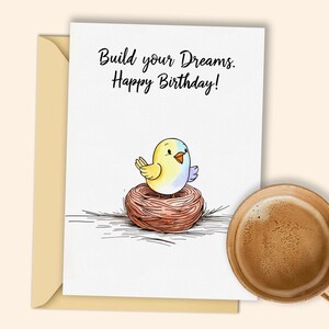 Nurturing Bird Birthday Card | Printable Happy Birthday Card with Nest Building | Hopeful Bird Card