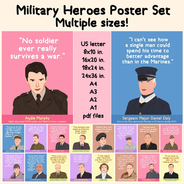 Poster-Set Militärhelden - Inspirierende Zitate für das Dekor im Klassenzimmer - Nationaler Monat der Militäranerkennung - Turtiertag -, mehrere Größen