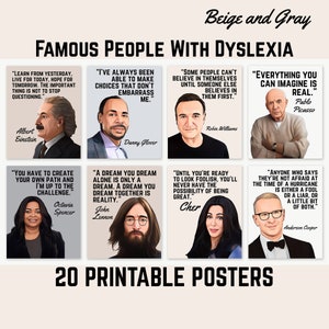 Famous People With Dyslexia, Printable Quote Posters, Dyslexia Awareness Month, World Dyslexia Day, Dyslexia Classroom Decor. Beige and Gray