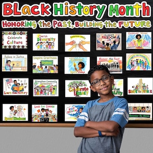 Divertente e facile da installare! Kit bacheca per il mese della storia dei neri con poster artistici a matita per cartoni animati per la decorazione della classe - Download digitale