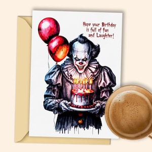 Gruselige Clown Geburtstagskarte mit Lit Cake - "Hope Your Birthday ist Full of Fun and Laughter!" - Verstörende Digital Printable