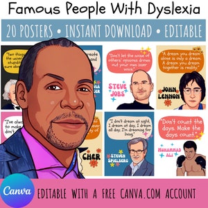 Famous People With Dyslexia, 20 Printable Quote, Dyslexia Awareness Month, World Dyslexia Day, Editable Posters, Canva Templates