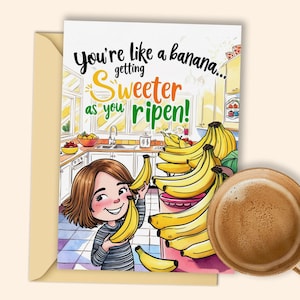 Geburtstagskarte zum Ausdrucken - Verspielter Bananen Humor mit fröhlicher Küchenszene für fröhliche und lustige Geburtstage