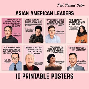 Asian American Leaders, AAPI Asian Pacific American Heritage Month, Classroom Printable Posters, Motivational Quotes, Pink Peonies Color