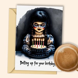 Tarjeta de cumpleaños de muñeca espeluznante - "¡Prepárate para tu cumpleaños!" - Imprimible digital espeluznante