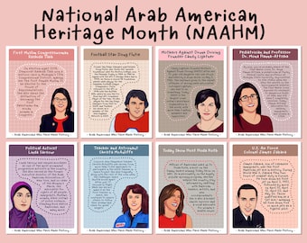 8 notables arabo-américains qui ont marqué l'histoire, mois du patrimoine national arabo-américain (NAAHM), affiches biographiques, affiches historiques