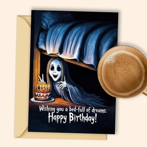 Ghost Under the Bed-verjaardagskaart: "May Your Day Be filled with Surprises!" - Griezelige digitale afdrukbare