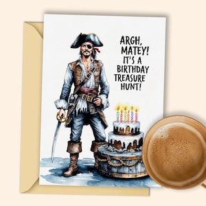 Digitale download piraat verjaardagskaart - "Birthday Treasure Hunt" Leuke en avontuurlijke afdrukbare versie voor kinderen en volwassenen