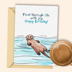 Tarjeta de cumpleaños de nutria serena / Tarjeta de feliz cumpleaños imprimible con nutria flotante / Tarjeta de nutria alegre
