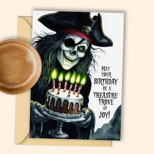 Tarjeta de cumpleaños de pirata fantasma con pastel iluminado: "¡Que tu cumpleaños sea un tesoro de alegría!" - Imprimible digital náutico
