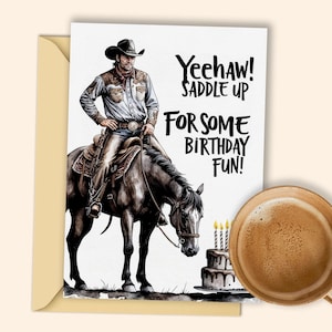 Digitale download cowboy verjaardagskaart - "Yeehaw! Saddle Up" leuke verjaardag afdrukbaar voor kinderen en volwassenen