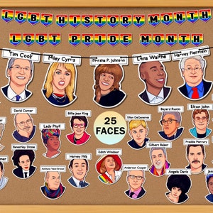 25 faces Mês da História LGBT, Mês do Orgulho LGBT, Decoração de sala de aula, Banner PDF imprimível, Guirlanda, Estamenha, Quadro de avisos, Sala de aula primária