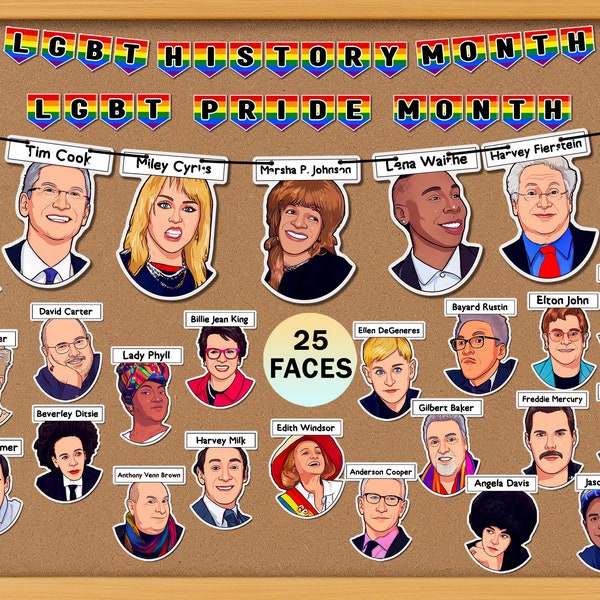 25 faces LGBT History Month, LGBT Pride Month,Classroom Decor,Printable PDF Banner,Garland,Bunting,Bulletin Board,Elementary Classroom